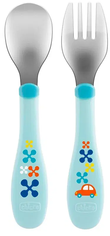 Posate Inox per Bambini 18 Mesi+ Azzurro/Verde Confezione 2 Pezzi