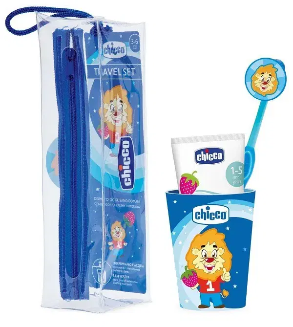 Chicco Set Igiene Orale Azzurro 36Mesi Pochette Bicchiere Spazzolino Dentifricio
