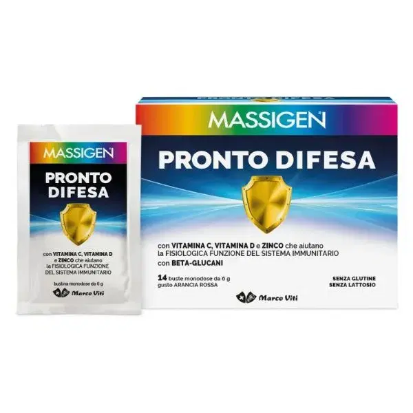 Massigen Pronto Difesa Integratore per le Difese Immunitarie 14 Bustine Gusto Arancia Rossa