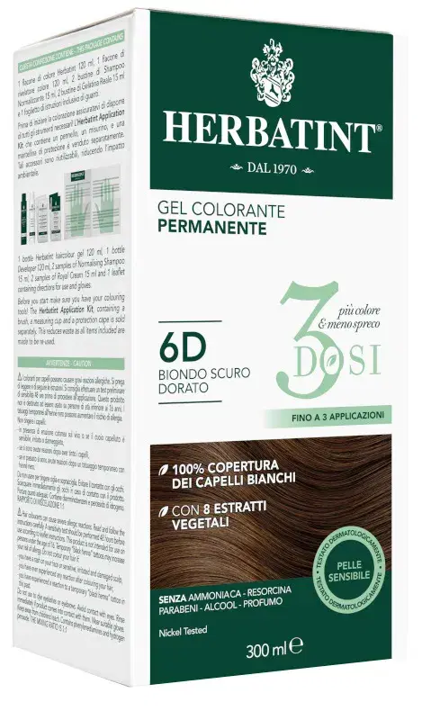 Herbatint Tintura Capelli Gel Permanente 3Dosi 6D Biondo Scuro Dorato 300 ml